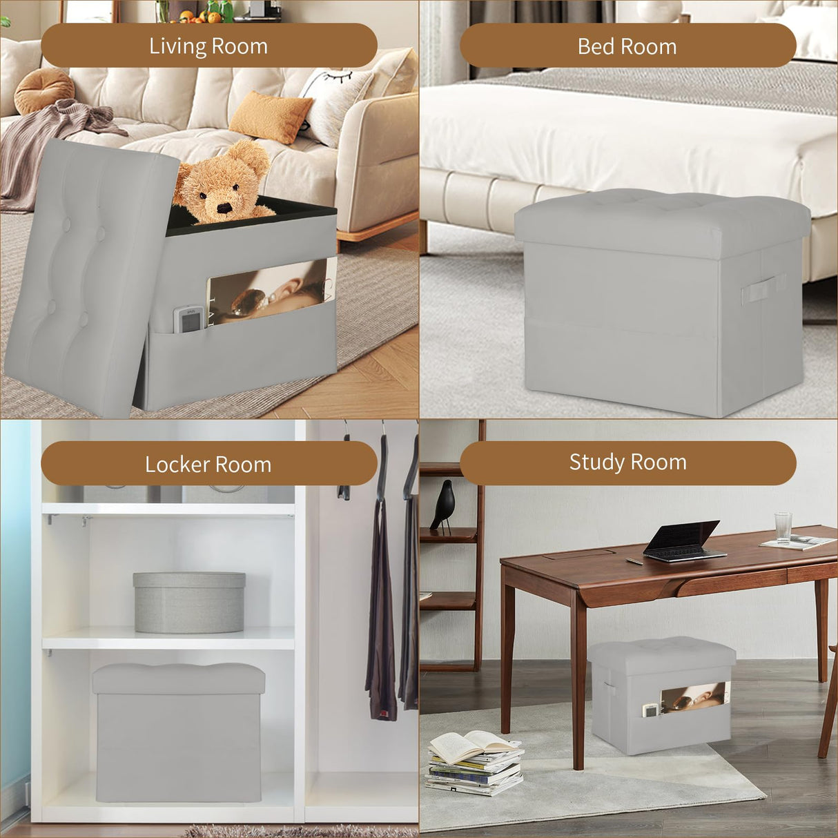 BelugaHelper Folding Storage Ottoman. Foot Rest Stool with Thicker Foam Padded Seat. 330 lbs Leather Ottoman with Storage Bench for Living Room, Bedroom, Home Office Table, 17x13x13in, Grey BelugaHelper