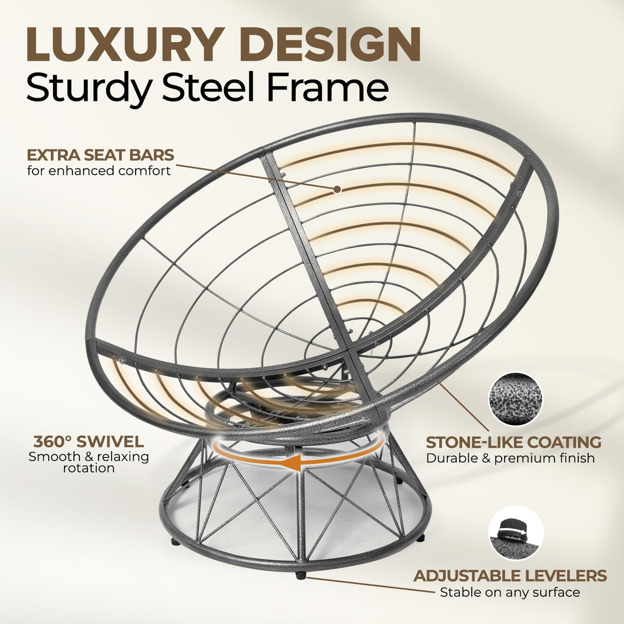 CraftVie Premium Oversized Papasan Chair with Cushion and Frame – 48'' Extra-Thick Cushion (7'' + Exclusive 1.75'' Support Pad), Supports 450 lbs – 360° Swivel Bedroom Chair, or Reading Chair CraftVie