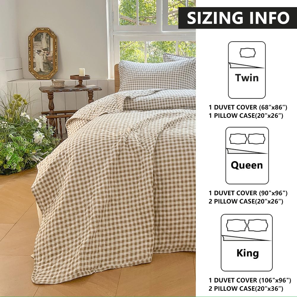 Tan Gingham Queen Quilt Set, Soft Pre-washed Microfiber Taupe Plaid Queen Bedspread, Lightweight Checked Summer Quilt, Grid Bedding Coverlets for All Seasons (Includes 1 Quilt, 2 Pillow Shams) NSNLGSGC