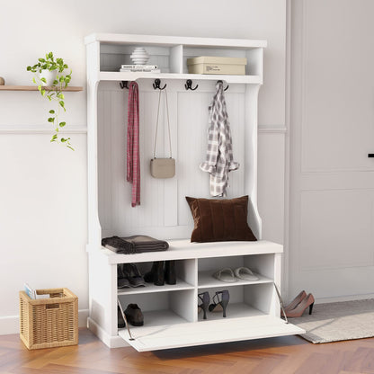 YOPTO 40.16" Hall Tree with 4 Hooks and Storage Bench,3-in-1 Entryway Cabinet with 2 Open Shelves, Coat Rack for Hallway, Living Room, Mudroom,White