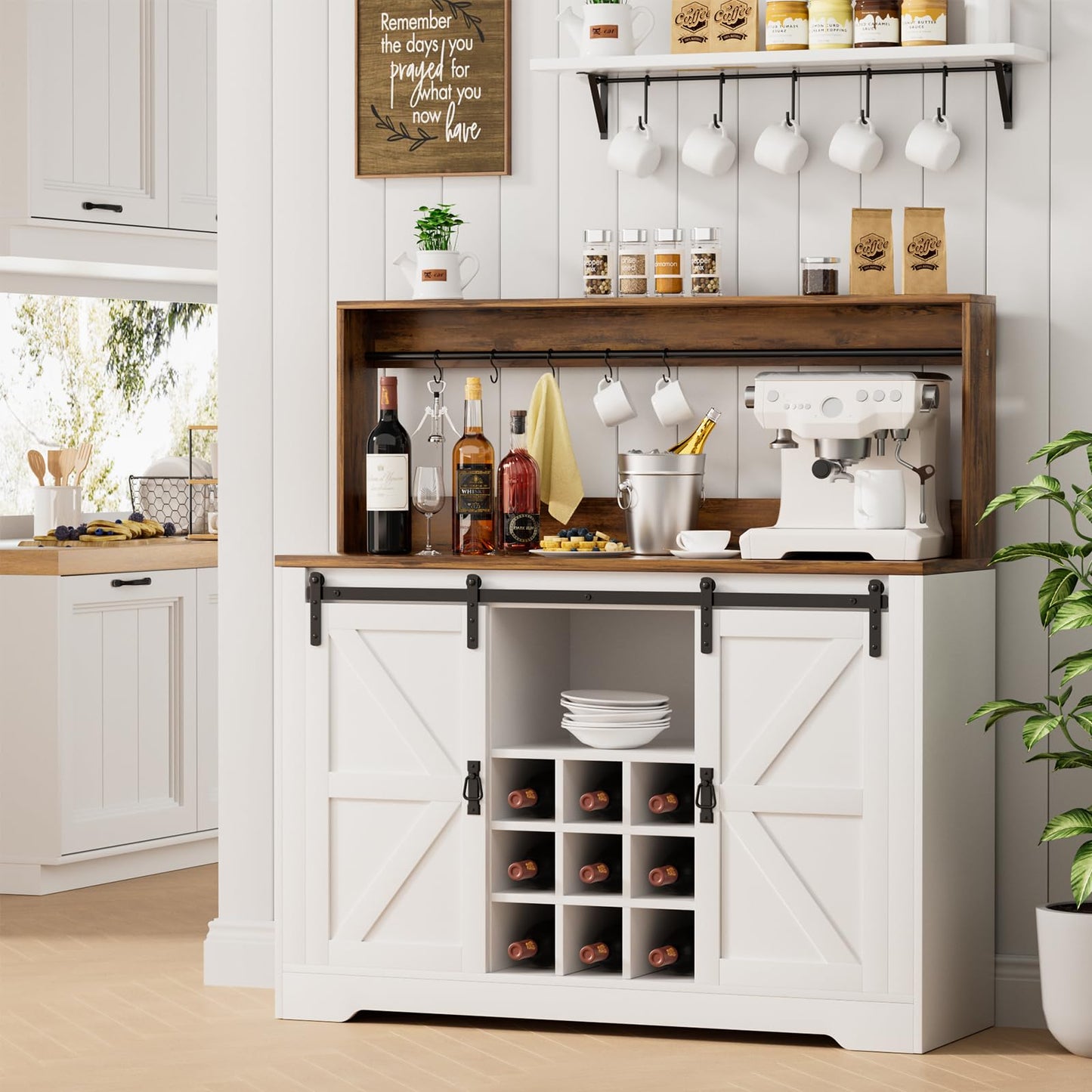 SYESWAY 47" Farmhouse Coffee Bar Cabinet with Sliding Barn Doors, Wine Rack & Hooks in White