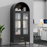 GangMei 73'' Metal Tall Arched Display Cabinet with Glass Doors, Freestanding Black Arch Bookcase with 2 Drawers, Kitchen Pantry Cabinet for Home Office Living Room GangMei