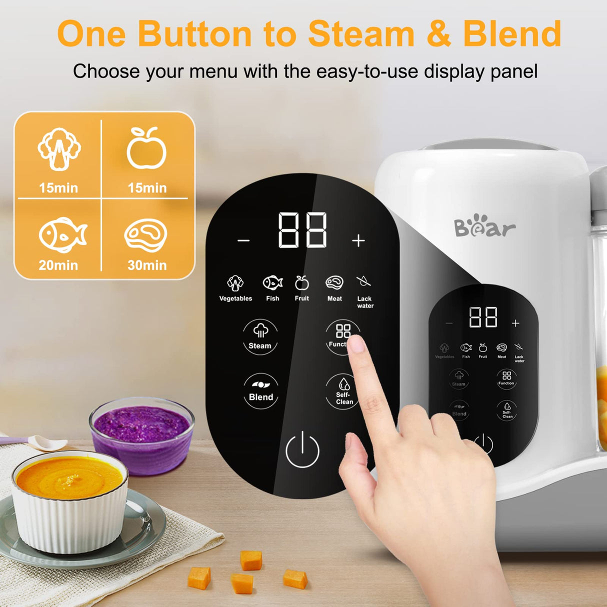 BEAR 2024 Baby Food Maker | One Step Baby Food Processor Steamer Puree Blender | Auto Cooking & Grinding | Baby Food Puree Maker with Self Cleans | Touch Screen Control, White Bar