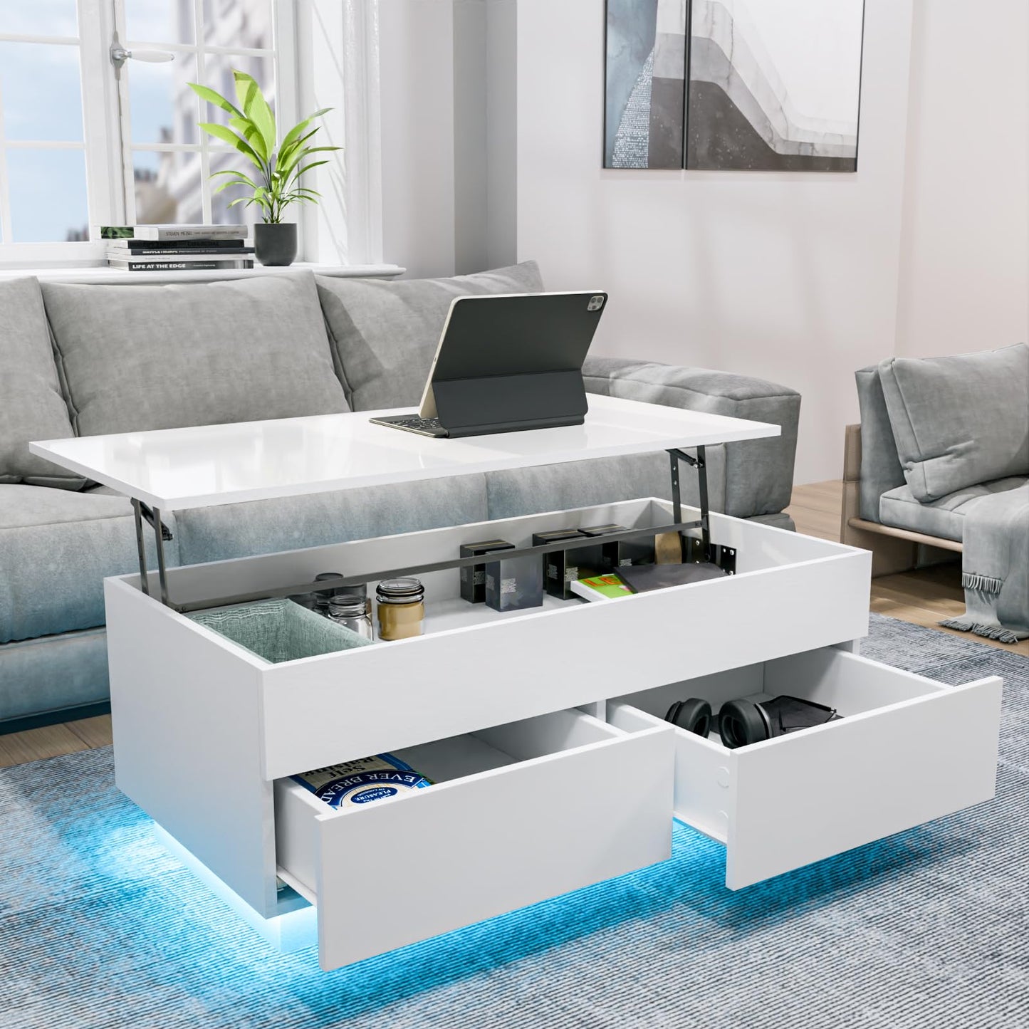 HOMMPA Lift Top Coffee Table with LED Light Morden Coffee table with Storage High Gloss White Coffee table for Living Room Tea Table with Storage Center Tables Hidden Compartment & 2 Drawers - WoodArtSupply