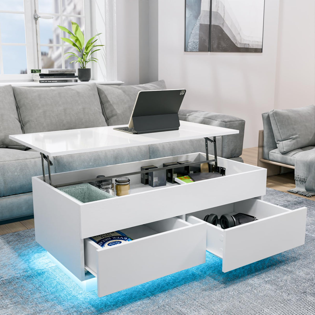 HOMMPA 40'' Lift Top Coffee Table for Living Room, White Coffee Tables with Storage, LED Modern Coffee Table Rectangular White Gloss, Flip Top Center Table with 2 Drawers and Hidden Compartment HOMMPA