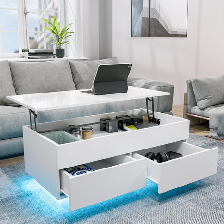 HOMMPA 40'' Lift Top Coffee Table for Living Room, White Coffee Tables with Storage, LED Modern Coffee Table Rectangular White Gloss, Flip Top Center Table with 2 Drawers and Hidden Compartment HOMMPA
