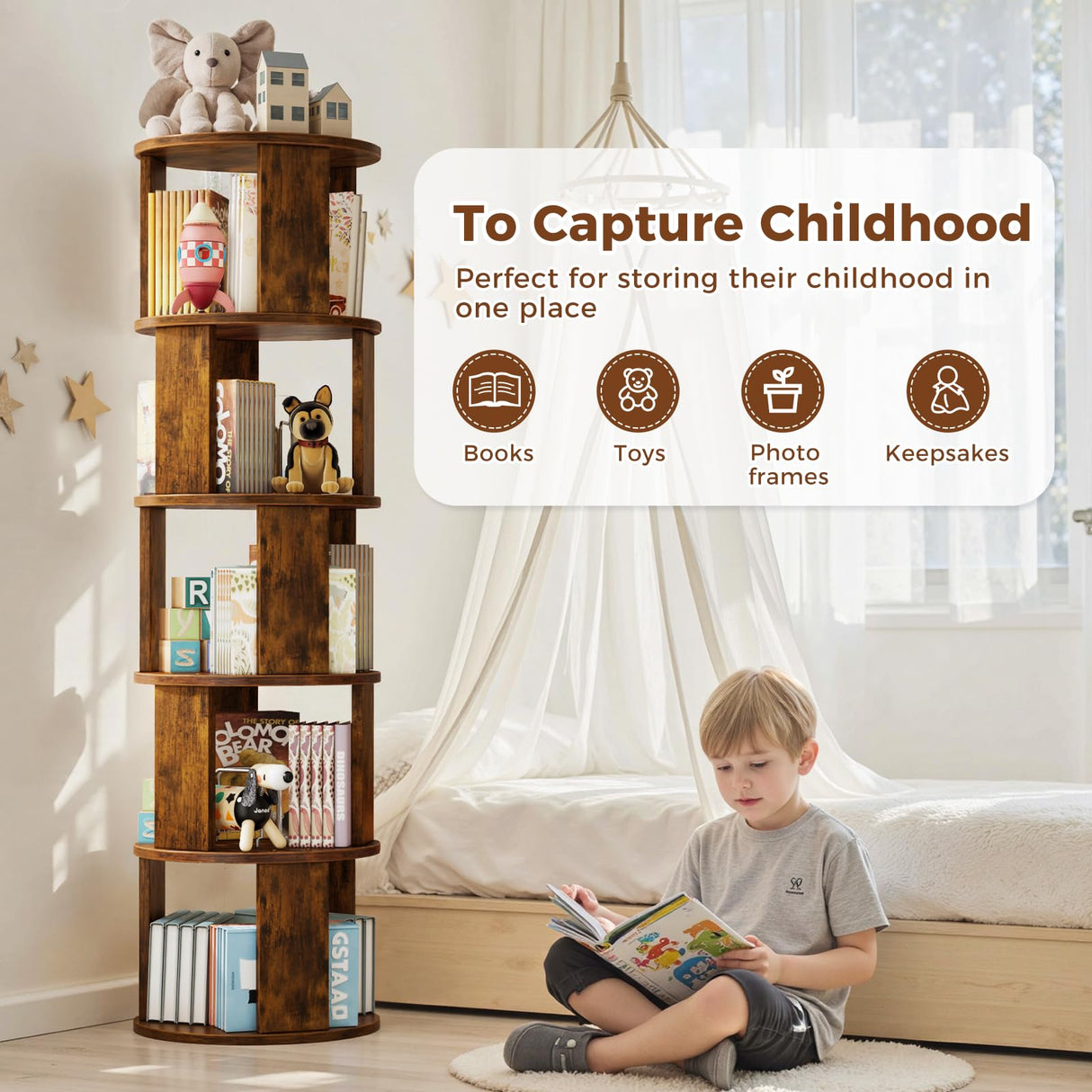 VYRIVA 5 Tier Rotating Bookshelf Tower, 360° Display Round Bookcase, Floor Standing Corner Revolving Bookshelf Organizer Storage Rack for Home Study Office, Walnut VYRIVA