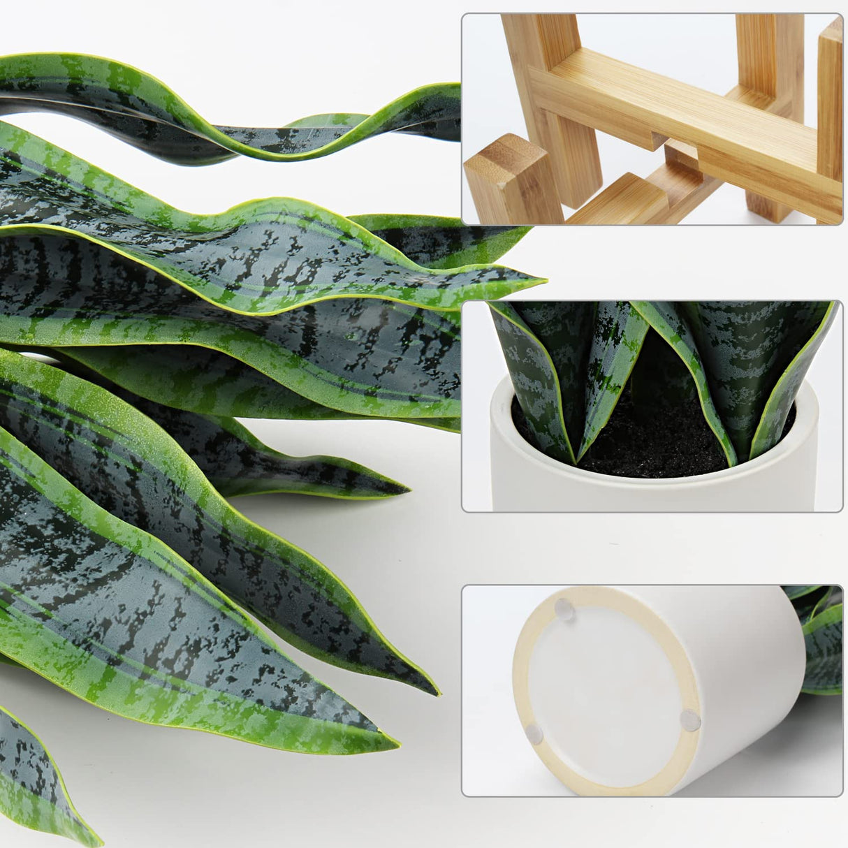 Hollyone Artificial Snake Plant Potted with Solid Wood Plant Stand, 19" Faux Sansevieria Tropical White Ceramic Pots Fake Plants for Home Office Indoor Decor Housewarming Gift Hollyone