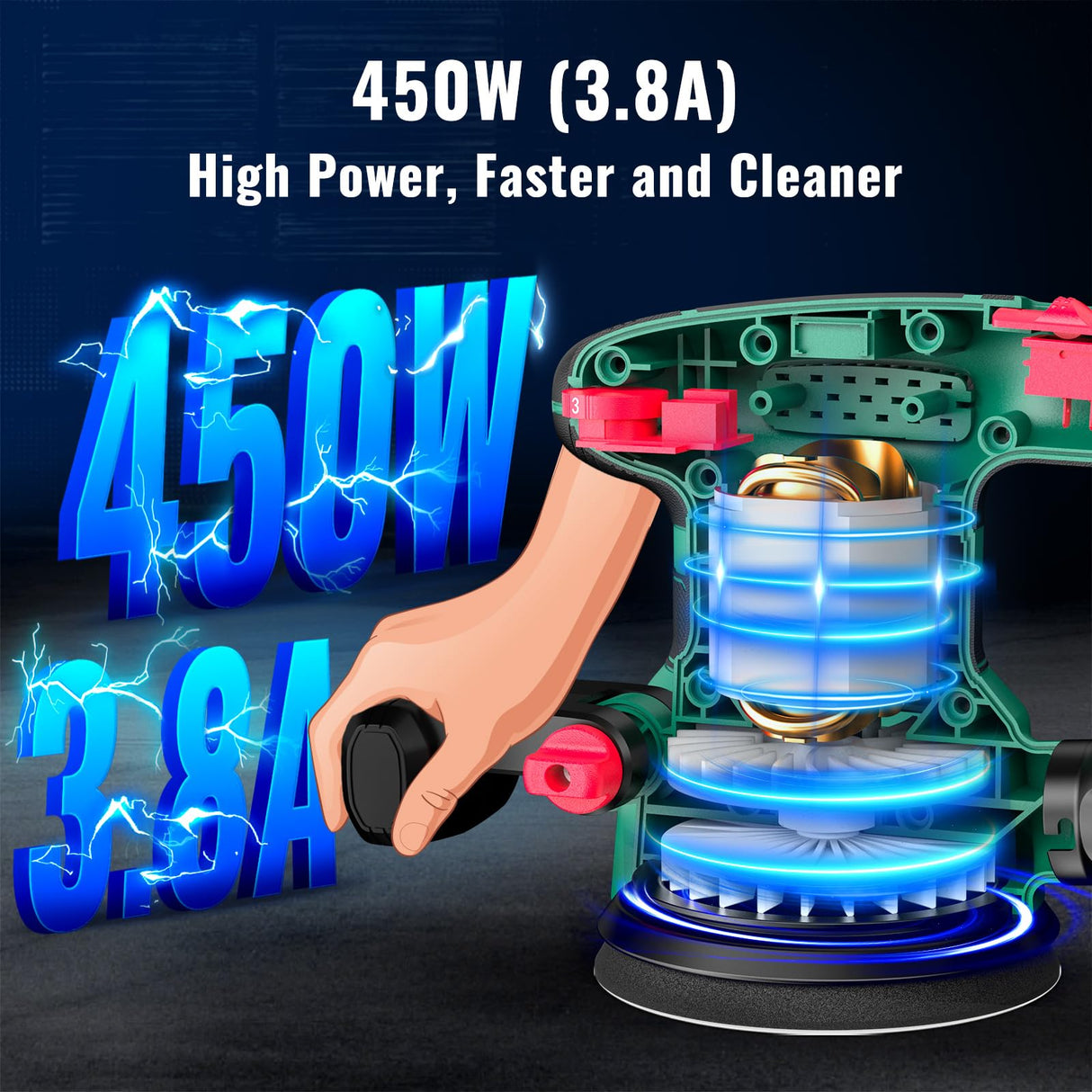 Orbital Sander 3.8Amp 450W, HYCHIKA 6 Variable Speeds Double Handle Palm Random Orbit Sander, 5-Inch Electric Sander with 20pcs Sandpapers, Dust Collector, Power Sander for Woodworking HYCHIKA BETTER TOOLS FOR BETTER LIFE