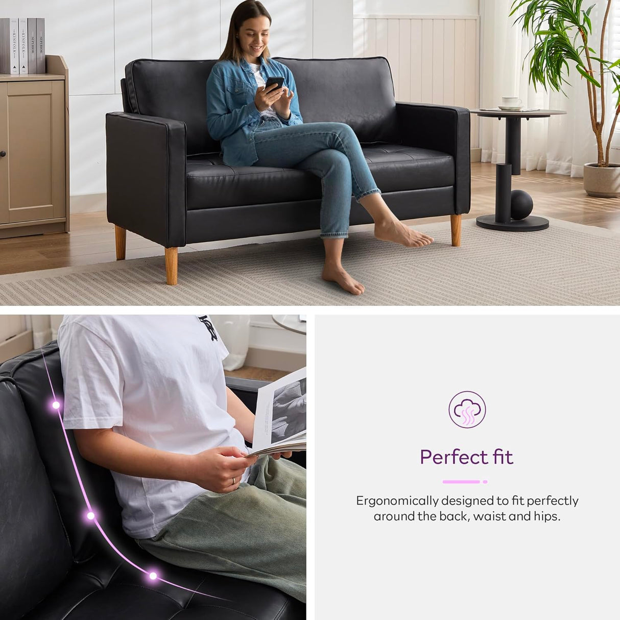 TYBOATLE 57" Small Black Faux Leather Sofa Couches, 3 Piece Living Room Set, Mid-Century Modern Tufted Comfy Loveseat, 2 Seater Office Couch Love Seat for Small Space Bedroom Drom Apartment TYBOATLE