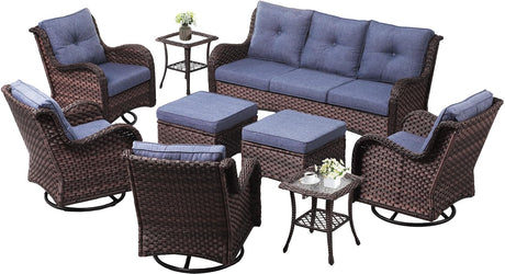 LayinSun 9 Pieces Outdoor Patio Furniture Set, Rattan Wicker Sectional Swivel Rocker Chairs Sets with Ottomans, Swivel Glider Chairs and Coffee Table LayinSun