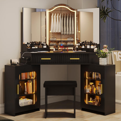 Casvik Corner Vanity Desk with 3 Way Mirror and Lights, 54" Modern Fluted Makeup Vanity with 2 Drawers & 2 Storage Cabinet, Charging Station, Stool, Large Bedroom Dressing Table for Women (Gold+Black) Casvik
