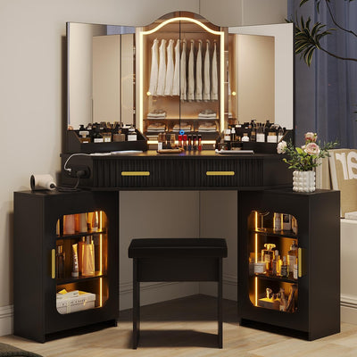 Casvik Corner Vanity Desk with 3 Way Mirror and Lights, 54" Modern Fluted Makeup Vanity with 2 Drawers & 2 Storage Cabinet, Charging Station, Stool, Large Bedroom Dressing Table for Women (Gold+Black)