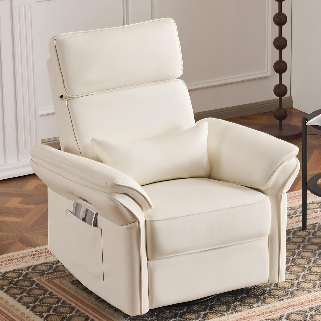 Power Recliner Rocking Chair Nursery Gliders with Adjustable Armrests and Headrest, Swivel Electric Glider Reclining Nursing Chair with USB Port and Storage Bags, FSC Certified(Leather, Beige) MELLCOM