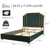 Albott King Size Platform Bed Frame, 65" Velvet Upholstered Bed with Gold Trim Headboard/Wooden Slats/No Box Spring Needed/Green Albott