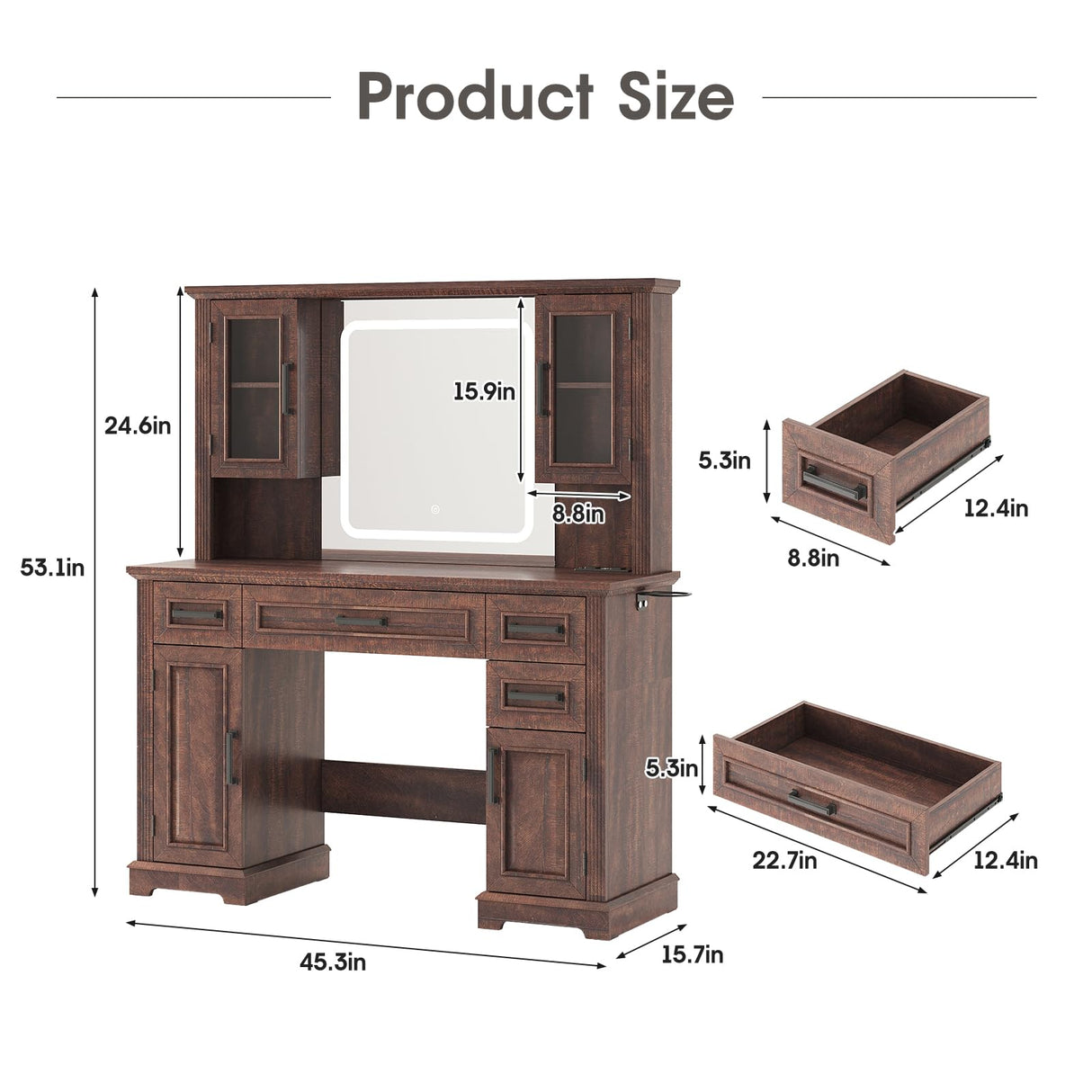 Maupvit Farmhouse Vanity Desk with Mirror and Lights, Makeup Vanity Table with Charging Station, 45" Bedroom Table with 4 Drawers and Cabinets, 3 Lighting Modes, Brown Maupvit