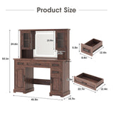 Maupvit Farmhouse Vanity Desk with Mirror and Lights, Makeup Vanity Table with Charging Station, 45" Bedroom Table with 4 Drawers and Cabinets, 3 Lighting Modes, Brown Maupvit