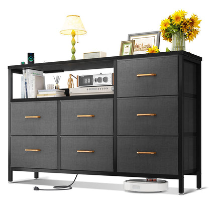 AODK Dresser with Charging Station, 52-Inch Long Dresser for Bedroom with 7 Large Fabric Drawers, Dresser TV Stand with Open Shelves for 55-Inch TV, Dark Grey