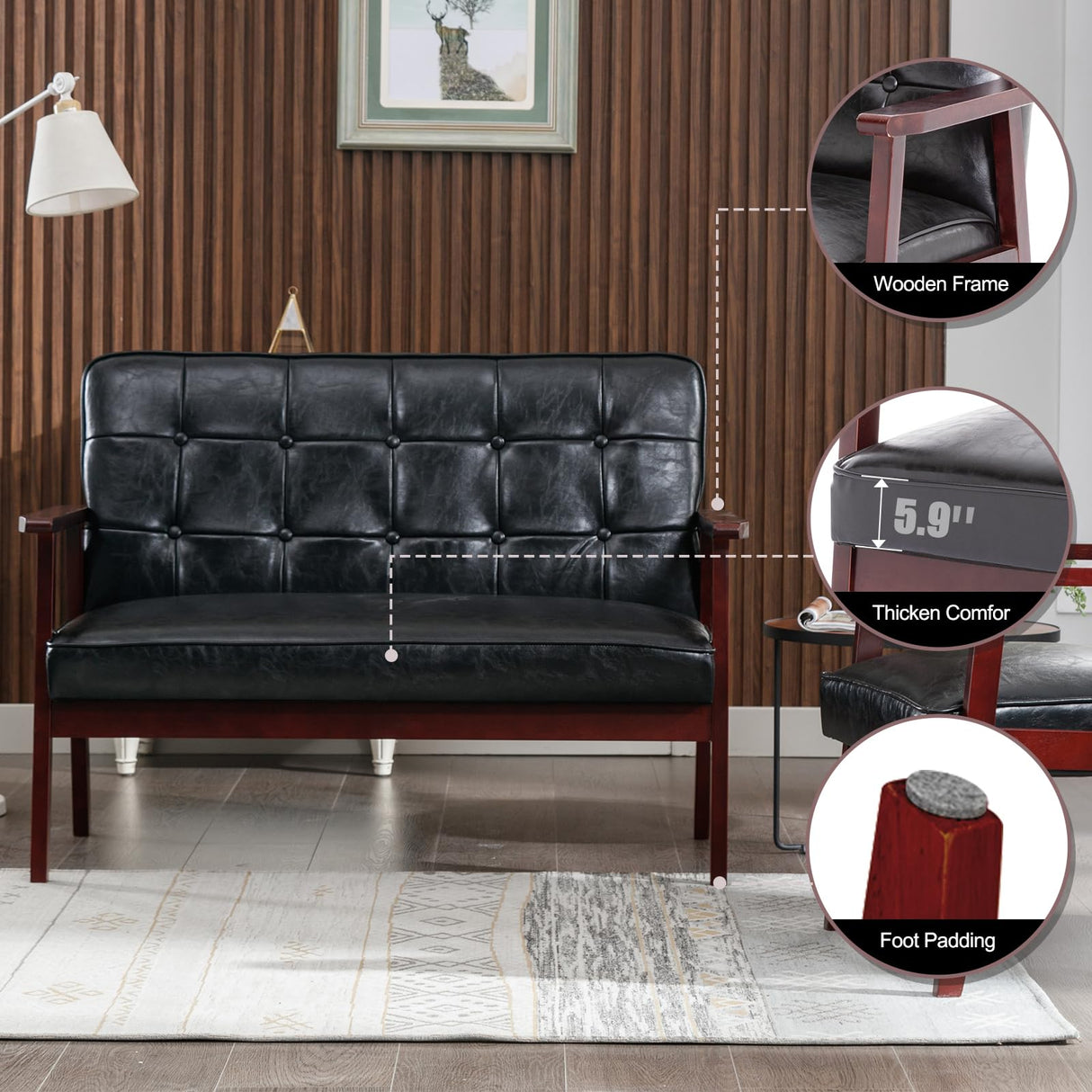 Okeysen Modern Loveseat Sofa Set (Black) - Ergonomic Leather, Mid-Century Design, 2-Seat & Accent Chair, Small Spaces Furniture, Living Room, Apartment, Office Okeysen