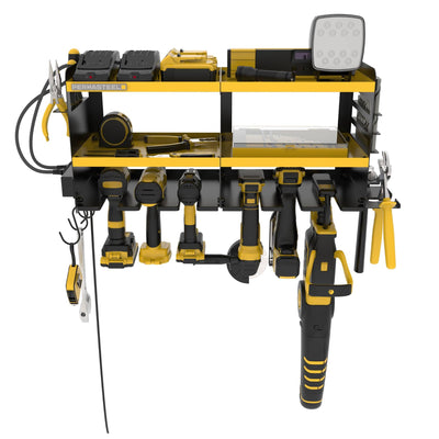 Permasteel Power Tool Organizer Wall Mount - 150 Lbs Load 3-Layer Heavy Duty Metal Storage Rack with Charging Station, Holds 6 Drills, 9 Hand Tools and 16 drill bits for Garage and Workshop, Yellow