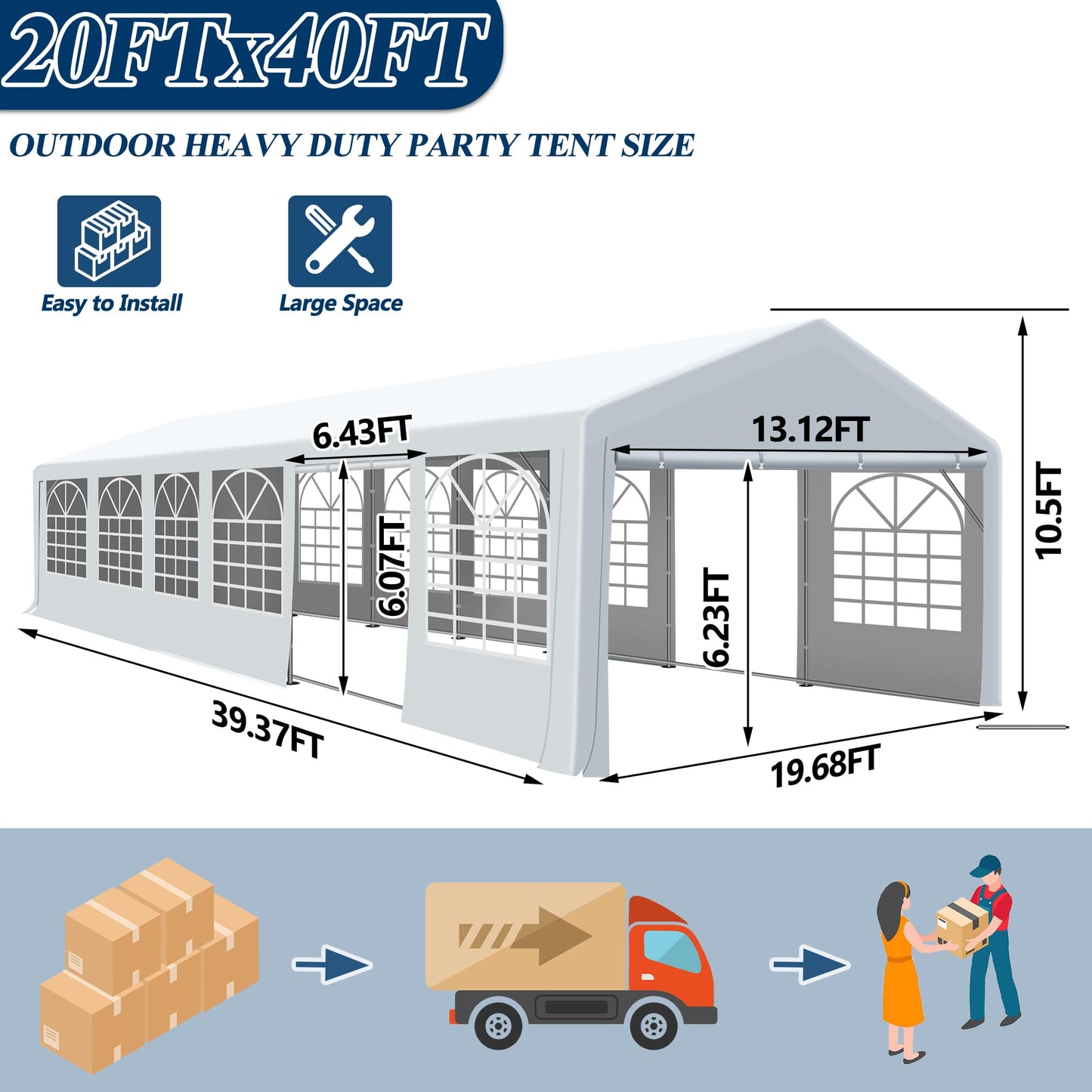 COVERONICS Outdoor Canopy Party Tent, 20'X40' Patio Party Tent with Rollable Sides and 4 Sandbags, Heavy Duty Steel Frame Carport Gazebo Event Tent Perfect for Wedding, Birthday Party, Outdoor Event