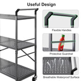 HKWOTINHA Folding Rolling Cart with Wheels - 3 Tier Collapsible Utility Cart, Metal Service Cart (Large) HKWOTINHA