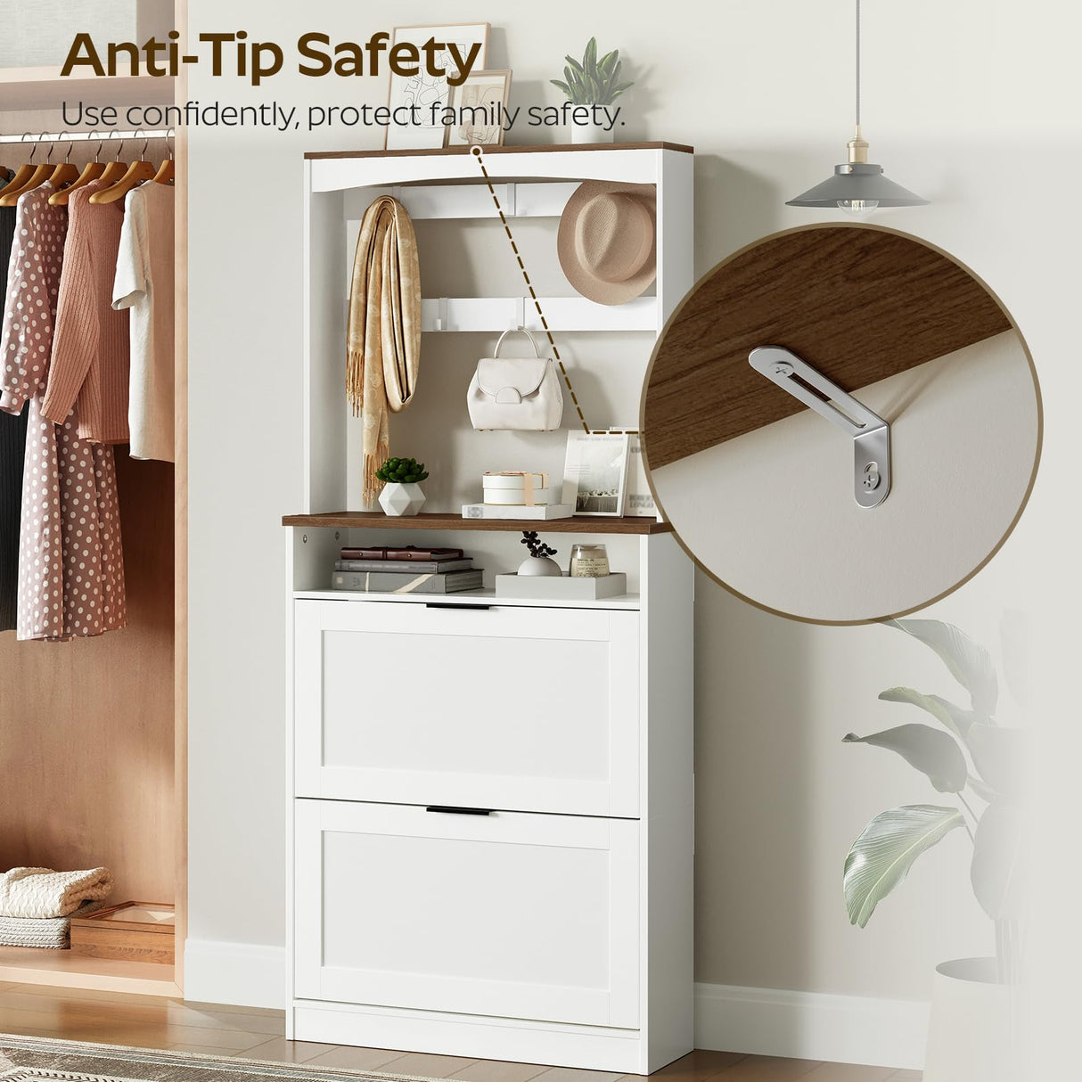 YATINEY Tall Shoe Cabinet with Flip Drawers and Coat Rack, Floor Standing Modern Shoe Storage Organizer, 2-in-1 Hall Tree with Movable Hooks and Open Shelves, for Entryway, White and Walnut SC01WH YATINEY