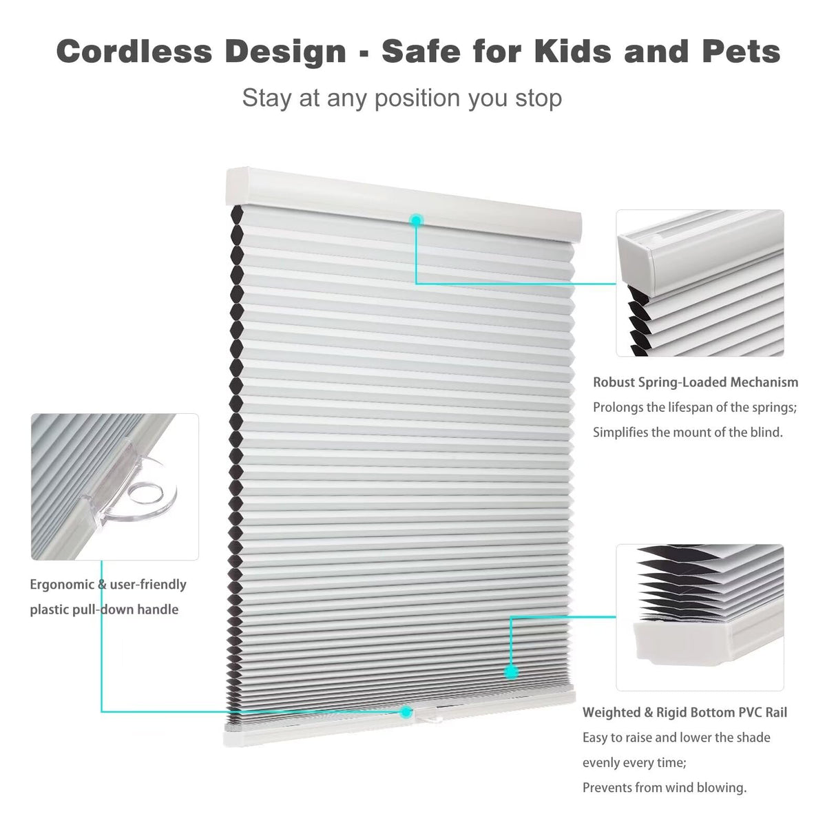 MYshade Blackout Cordless Cellular Shades Honeycomb Shade for Indoor Windows Room Darkening Blinds for Home Office Pull Down Window Shades Easy to Install 35 inch Wide, H72 White Pleated Shade MYshade