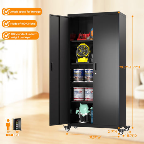 Aobabo 73" H Metal Storage Cabinet with Wheels for Garage, Rolling Tool Cabinet with 4 Shelves, for Home Office, Black, Assembly Required Aobabo