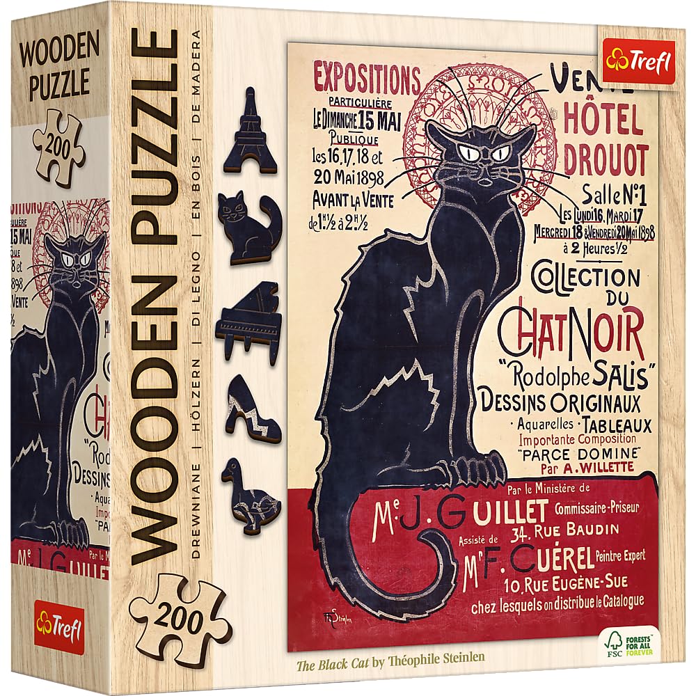 Trefl The Black Cat - Théophile Alexandre Steinlen 200 Jigsaw Puzzle Wood Craft Irregular Shapes, 5 Special Puzzles, Famous Paintings, Creative Fun for Adults and Children from 9 Years Old Trefl