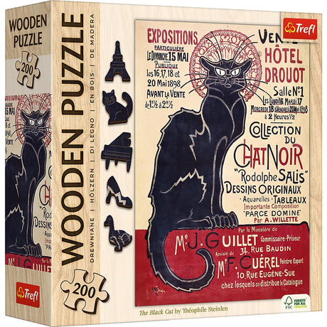 Trefl The Black Cat - Théophile Alexandre Steinlen 200 Jigsaw Puzzle Wood Craft Irregular Shapes, 5 Special Puzzles, Famous Paintings, Creative Fun for Adults and Children from 9 Years Old Trefl