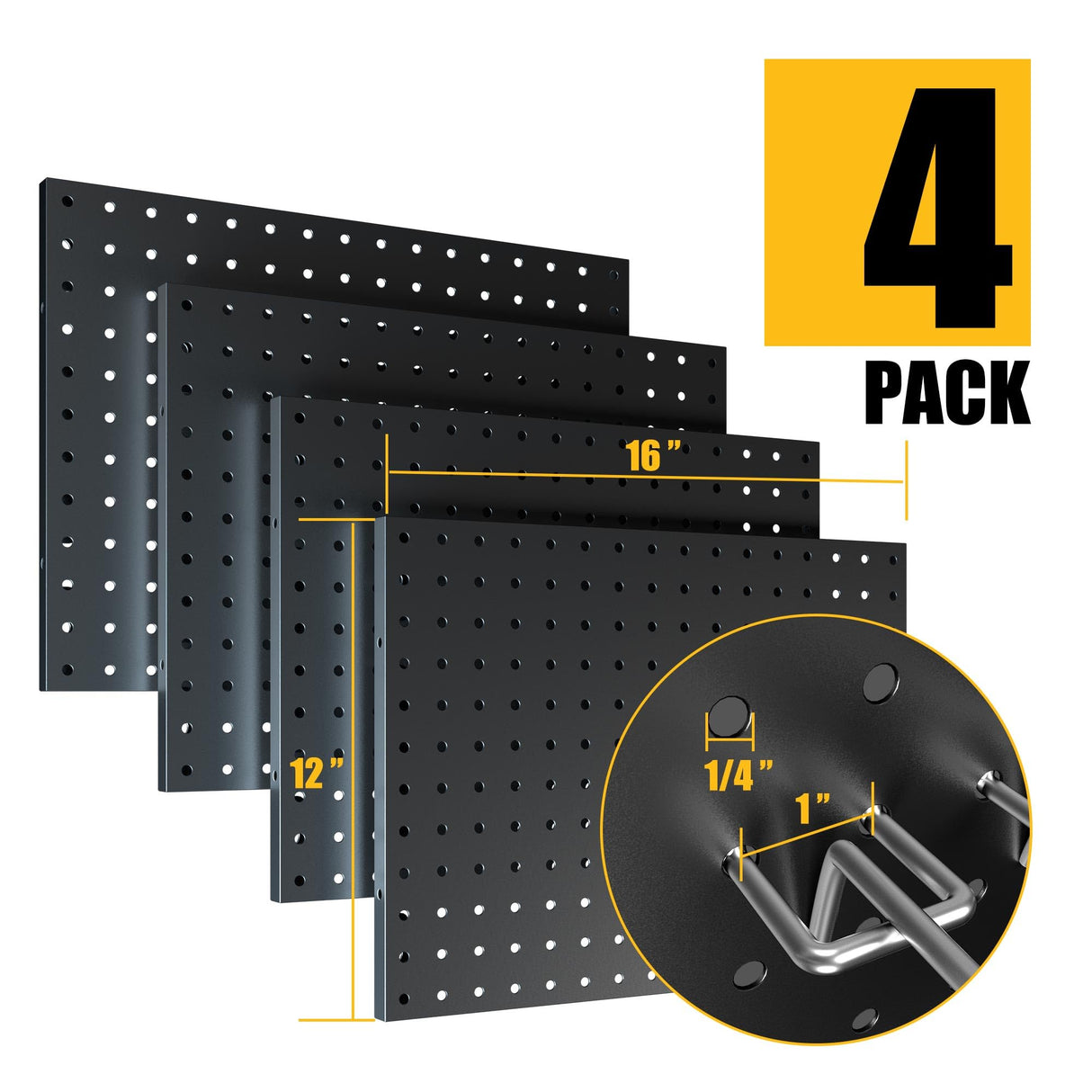 Spampur Peg Board, 4 Pack Metal Pegboard Panels with 50 Hooks, Black Pegboards Wall Organizer, Heavy Duty Peg Board for Walls Home, Garage Tool Storage, Office Organization, Craft Room, Kitchen Spampur