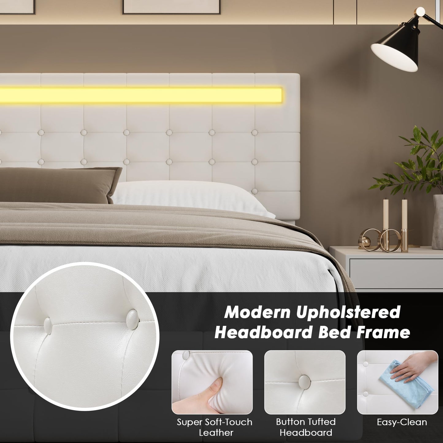 Keyluv Floating King Bed Frame with LED Lights and Adjustable Headboard in White - WoodArtSupply