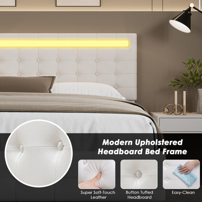 Keyluv Floating King Bed Frame with LED Lights and Adjustable Headboard in White - WoodArtSupply