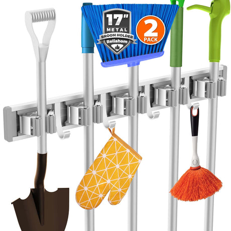 reliahom 2 Pack Broom Holder Wall Mount Mop and Broom Hanger Wall Mounted Garage Storage Rack Kitchen Garden Tool Organizer (5 Racks with 4 Hooks, Silver) reliahom
