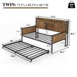 AMERLIFE Twin Daybed with Trundle, Farmhouse Daybed Frame with Sliding Barn Door Headboard and Charging Station & LED Light for Bedroom and Guest Room, Rustic Brown AMERLIFE