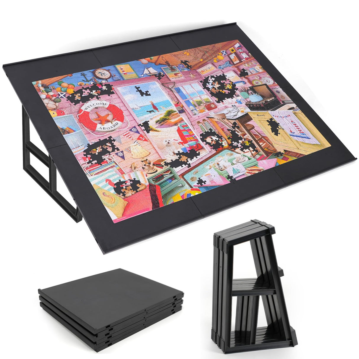 WELGEE 1000-Piecce Tilting Puzzle Board with Stand, 31” x 24” Lightweight Portable Puzzle Table for Adults & Seniors, DIY Customizable Puzzle Accessory Only 3.5 lbs (Black) WELGEE