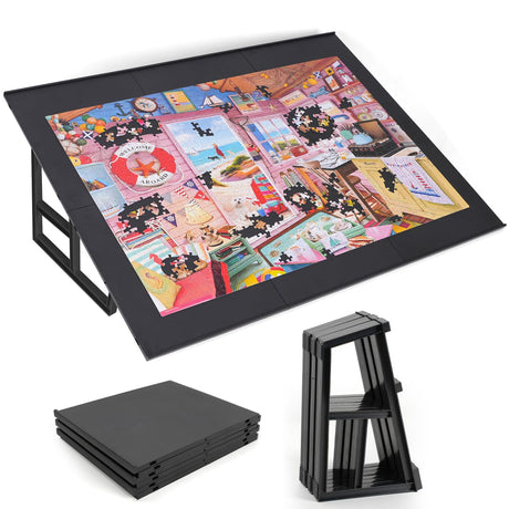 WELGEE 1000-Piecce Tilting Puzzle Board with Stand, 31” x 24” Lightweight Portable Puzzle Table for Adults & Seniors, DIY Customizable Puzzle Accessory Only 3.5 lbs (Black) WELGEE