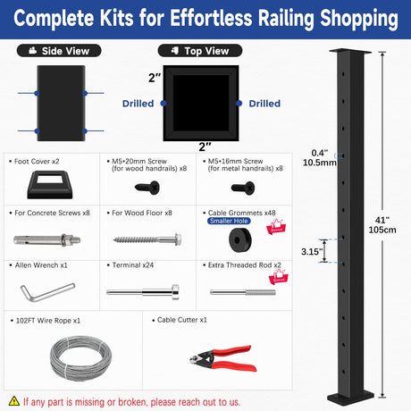 Gyykzz 2 Pack One-Stop Cable Railing Post Kits, 42" Fixed Top Level Drilled Line Post, Cable Railing System Including 2 Railing Post, 102ft Cable, 24 Terminal, 48 Cable Grommets (No Handrail) Gyykzz
