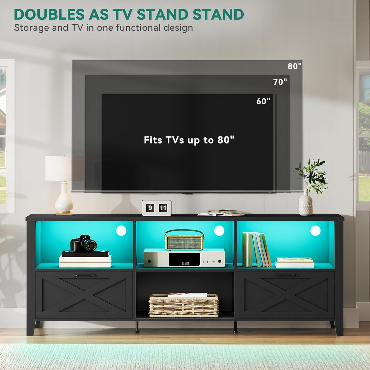 YITAHOME 70 Inch Farmhouse TV Stand, LED Light Entertainment Center Accommodates TVs up to 80 Inches, Media TV Console with Storage Compartments and Customizable Divider for Living Room (Black) YITAHOME