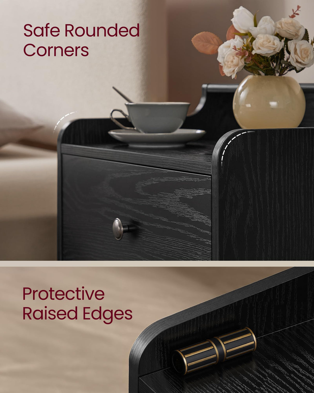 VASAGLE Nightstands, Set of 2, Bedside Tables with Hidden Drawers, Mid-Century End Tables, Ebony Black VASAGLE