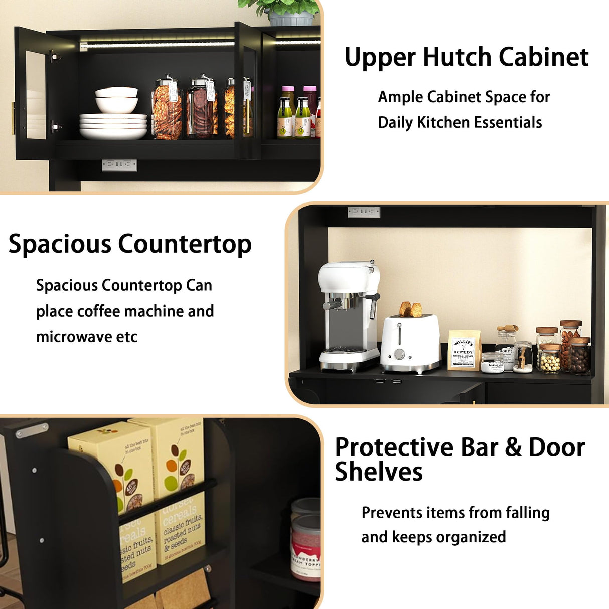 Vrmuxita Black Kitchen Pantry with Countertop: 71" Tall Kitchen Pantry Hutch Cabinet with Storage, Cabinet Hutch with Lights Outlets, Large Wood Food Cabinets (Black) Vrmuxita