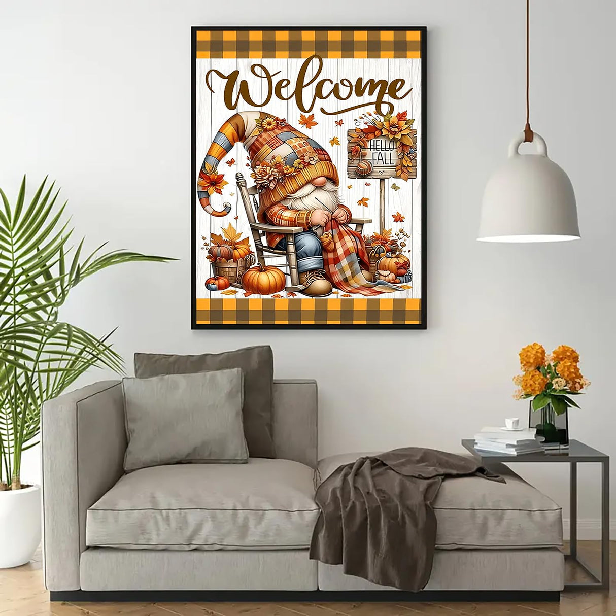 Hello Fall Gnome Sewing Diamond Art Kits for Adults, 5D Diamond Painting Kits for Adults Beginners, DIY Full Round Drill Diamond Dot Painting Gem Art Kits for Adult, Home Wall Decor 11.8x15.7 Inch VCLKDIY