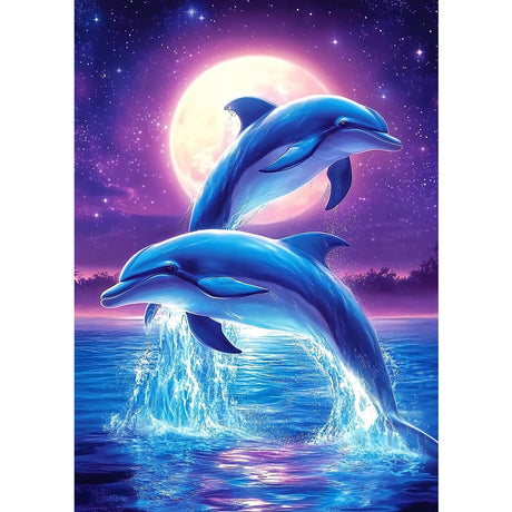 MXJSUA Jumping Dolphins DIY Diamond Painting by Number Kits for Adults, Animal 5D Round Drill Diamond Gem Art Painting Picture Arts Kits Craft for Home Wall Decor 12x16 Inch MXJSUA