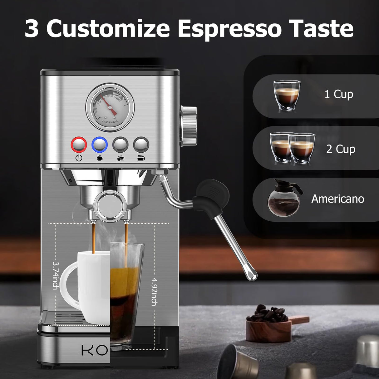 KOIOS Espresso Machines, Upgraded 1200W Espresso Maker with Foaming Steam Wand, 20 Bar Semi-Automatic Steam Espresso Coffee Maker for home, Cappuccino & Latte Machine with 58oz Removable Water Tank KOIOS