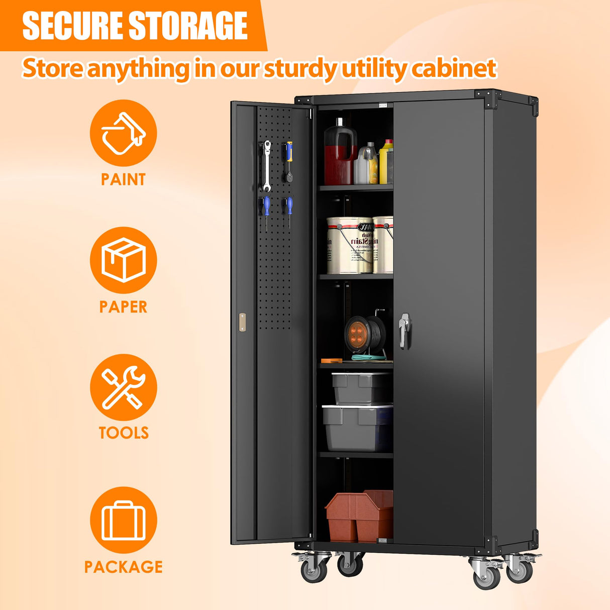 SUXXAN Metal Storage Cabinets with Wheels, 72" Steel Lockable Storage Cabinet with Adjustable Shelves Pegboards and Hooks for Office School Garage Warehouse Utility Room, Assembly Require, Black SUXXAN