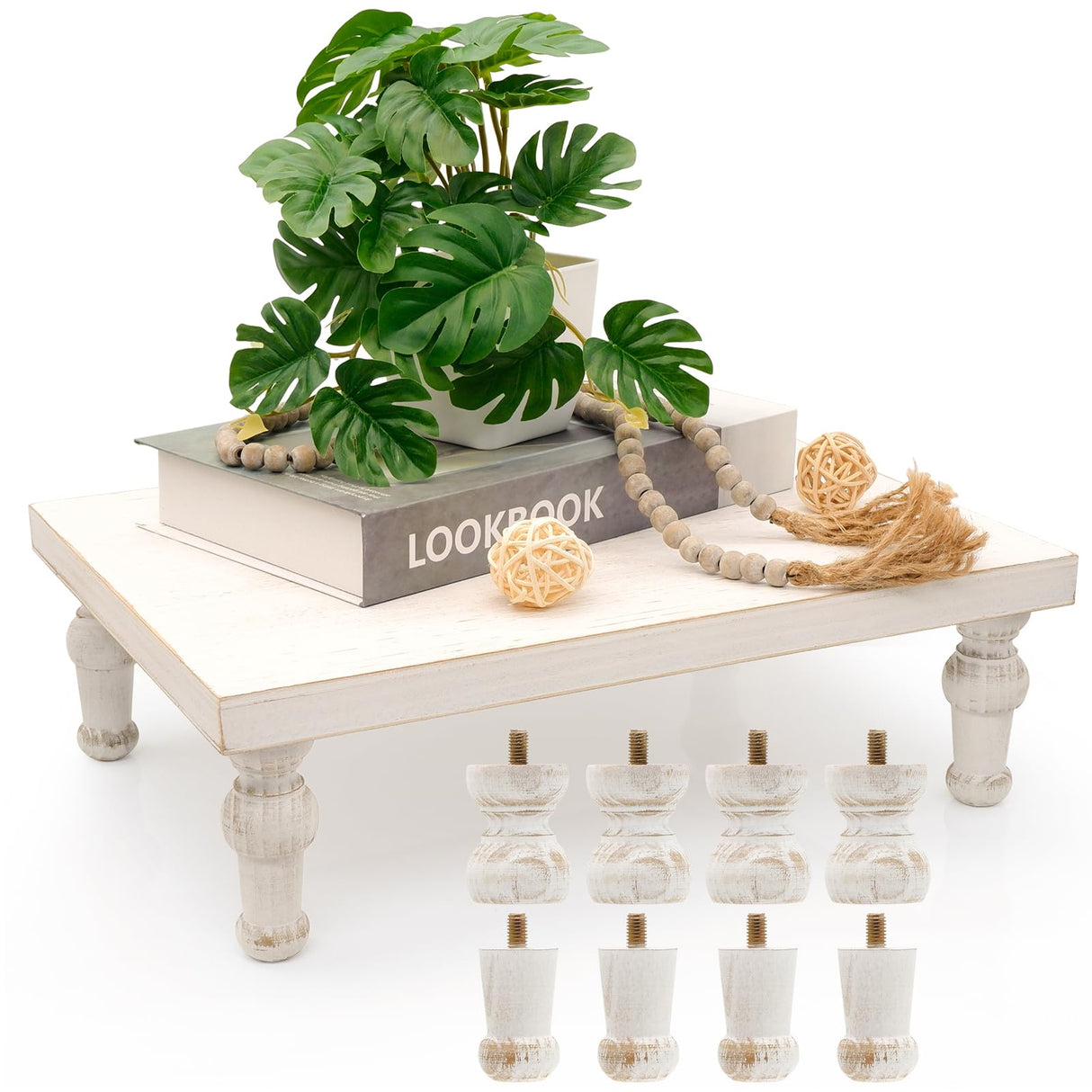 TOOLTENG 15.7" x 11.8" Wooden Riser Decorative Tray, Farmhouse Wood Pedestal Stand, Rustic Whitewashed Tray Riser Display Stand, Coffee Bar, Dining Room, Centerpiece, Kitchen, Bathroom Table Decor TOOLTENG