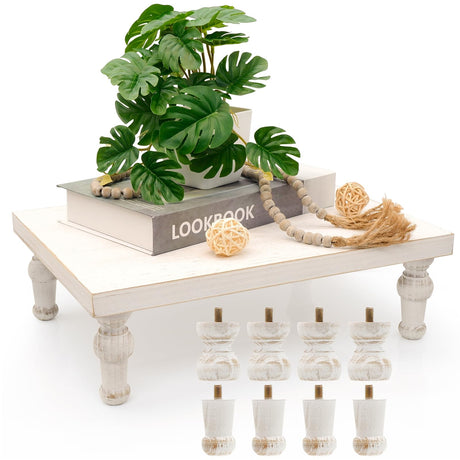 TOOLTENG 15.7" x 11.8" Wooden Riser Decorative Tray, Farmhouse Wood Pedestal Stand, Rustic Whitewashed Tray Riser Display Stand, Coffee Bar, Dining Room, Centerpiece, Kitchen, Bathroom Table Decor TOOLTENG
