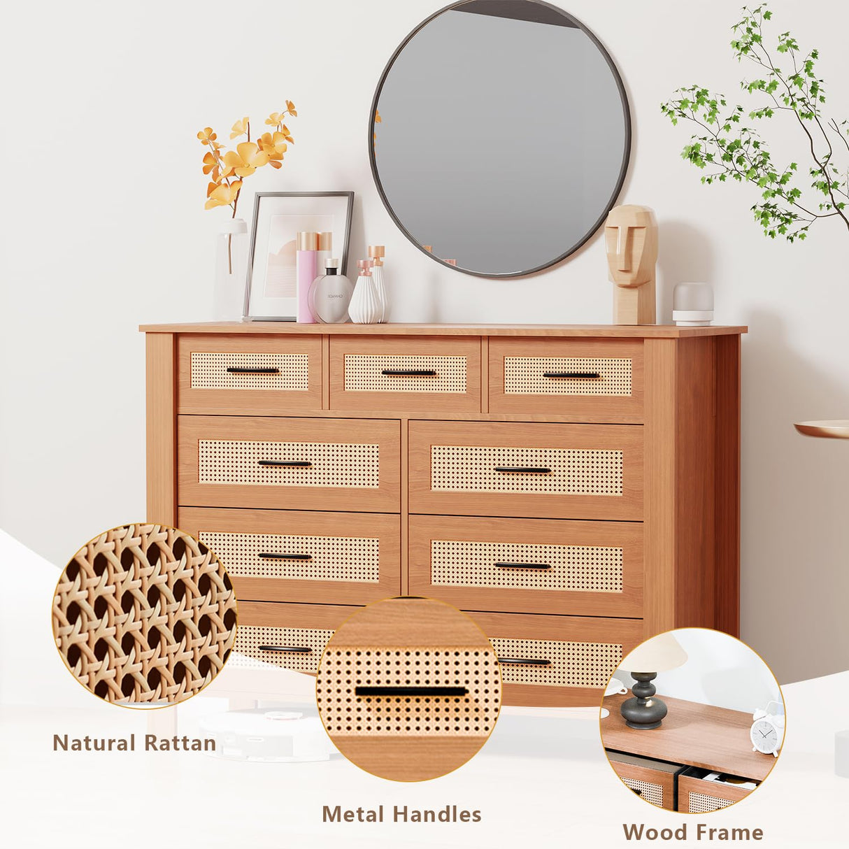 9 Drawer Dresser for Bedroom, Rattan Chest of Dressers, Modern Boho Wooden Dresser Chest with Mental Handles, Living Room and Entryway Loreena