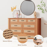 9 Drawer Dresser for Bedroom, Rattan Chest of Dressers, Modern Boho Wooden Dresser Chest with Mental Handles, Living Room and Entryway Loreena